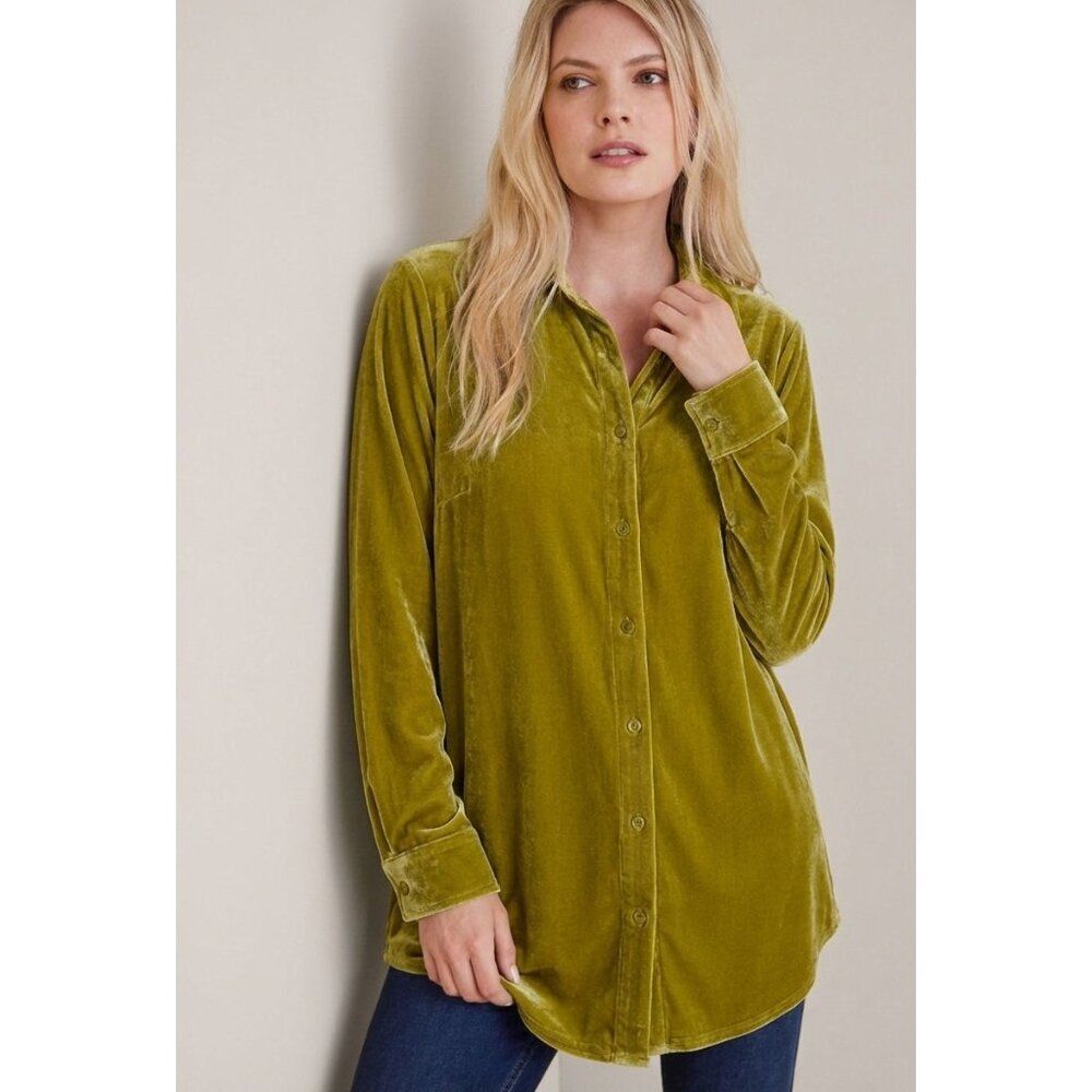 Soft Surroundings Womens Velvet Top S Mustard Boyfriend Tunic Shirt 29695 NWT